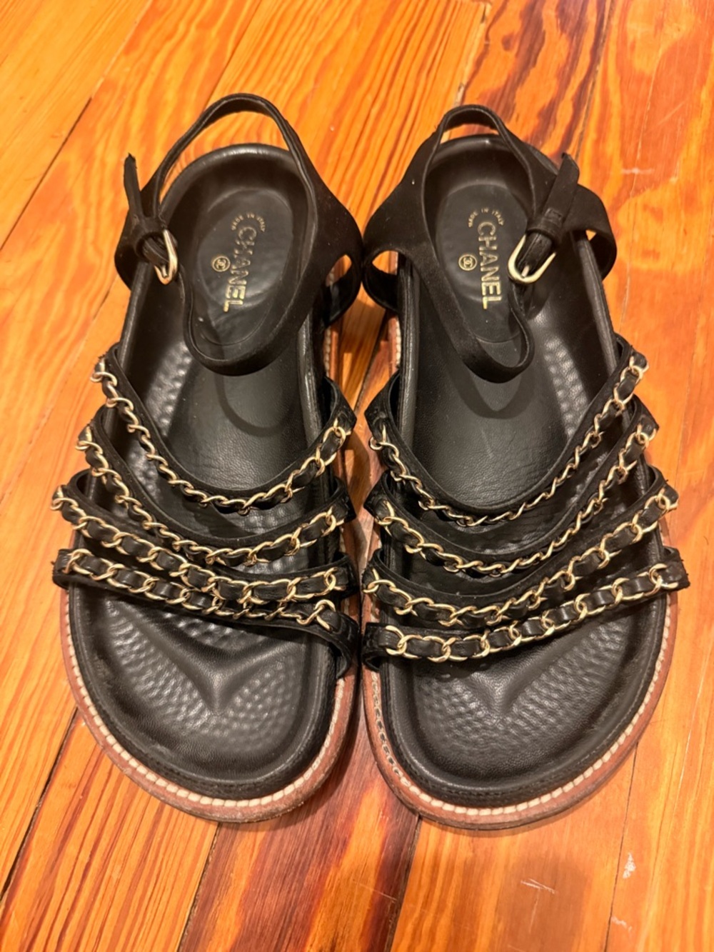 CHANEL Black Leather Chain-Strap Slingback Sandals